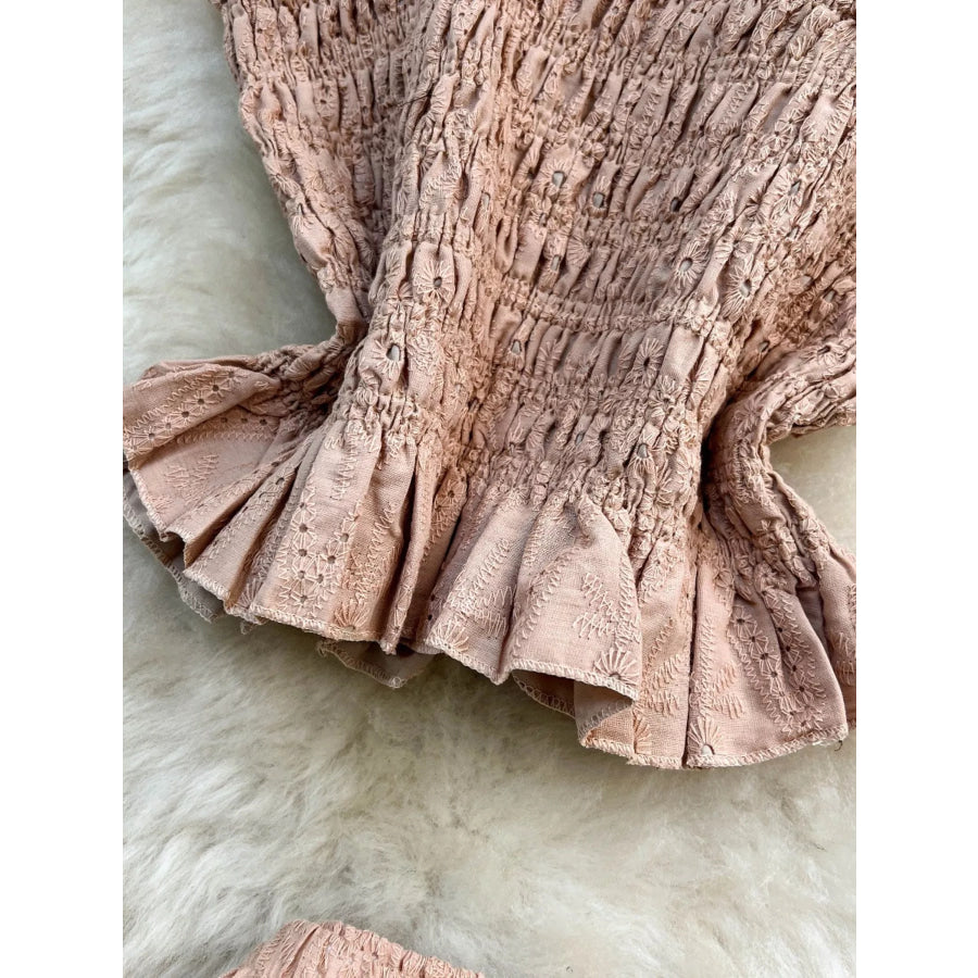 Smocked Crop Top and Hollow-Out Skirt Set Apparel and Accessories
