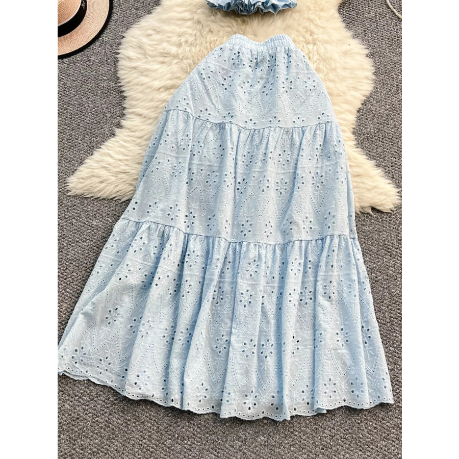 Smocked Crop Top and Hollow-Out Skirt Set Apparel and Accessories