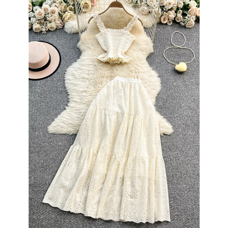 Smocked Crop Top and Hollow-Out Skirt Set Apricot / One Size Apparel and Accessories