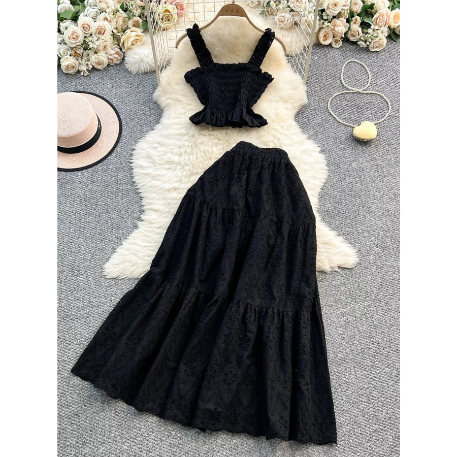 Smocked Crop Top and Hollow-Out Skirt Set Black / One Size Apparel and Accessories