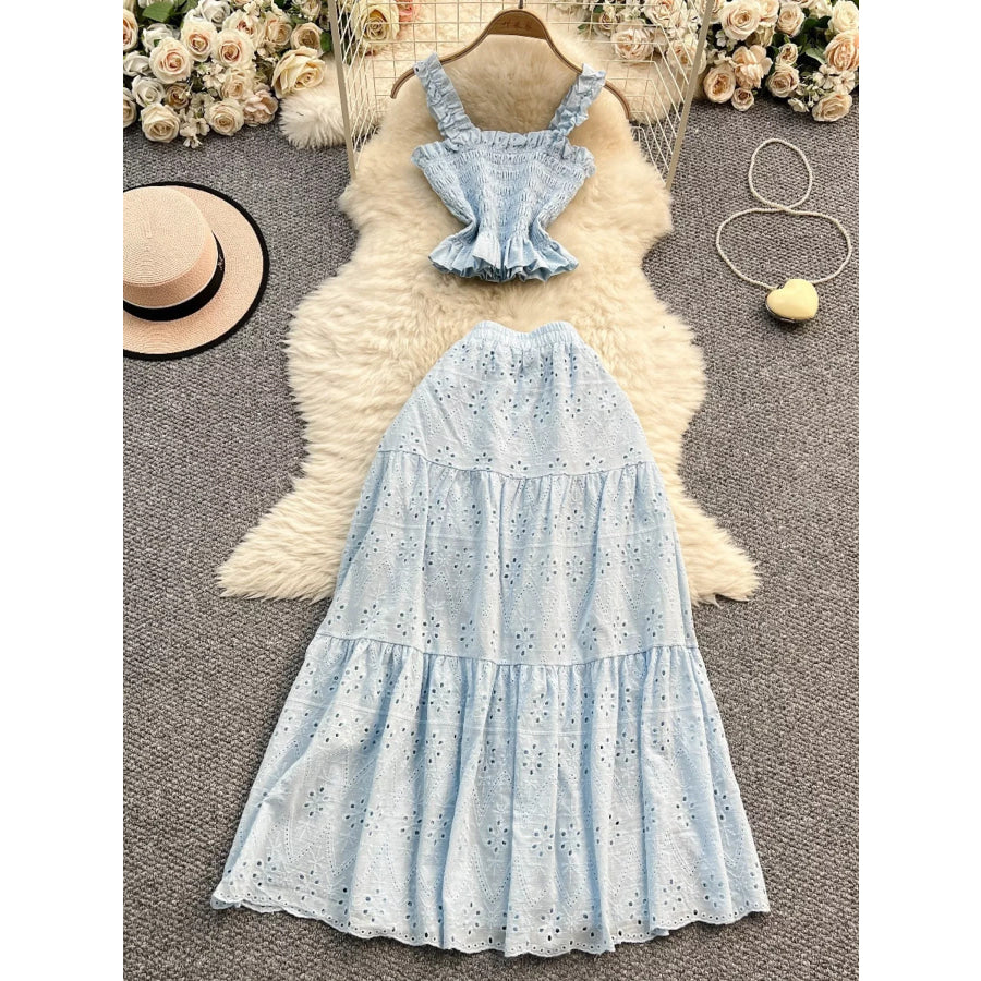 Smocked Crop Top and Hollow-Out Skirt Set Light Blue / One Size Apparel and Accessories