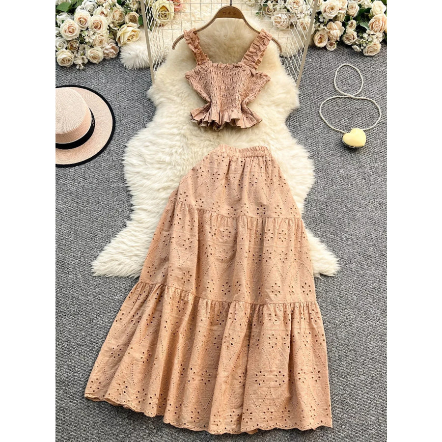 Smocked Crop Top and Hollow-Out Skirt Set Light Brown / One Size Apparel and Accessories