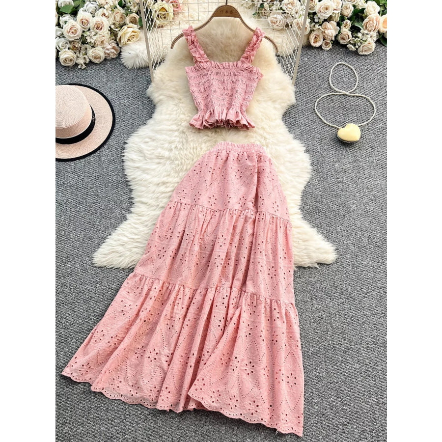 Smocked Crop Top and Hollow-Out Skirt Set Pink / One Size Apparel and Accessories