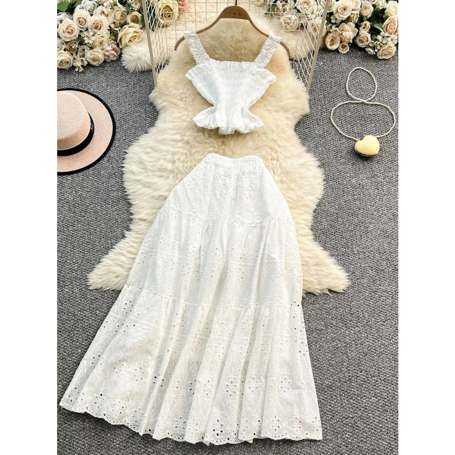 Smocked Crop Top and Hollow-Out Skirt Set White / One Size Apparel and Accessories