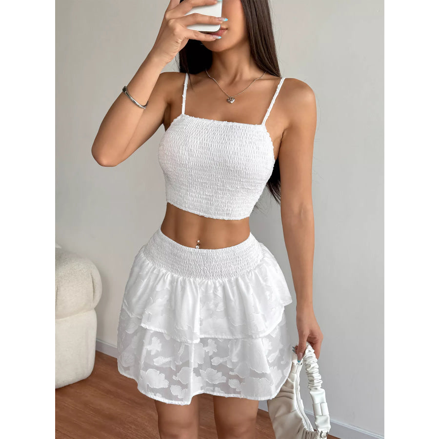 Smocked Crop Top & Ruffle Mini Skirt Set White / S Apparel and Accessories