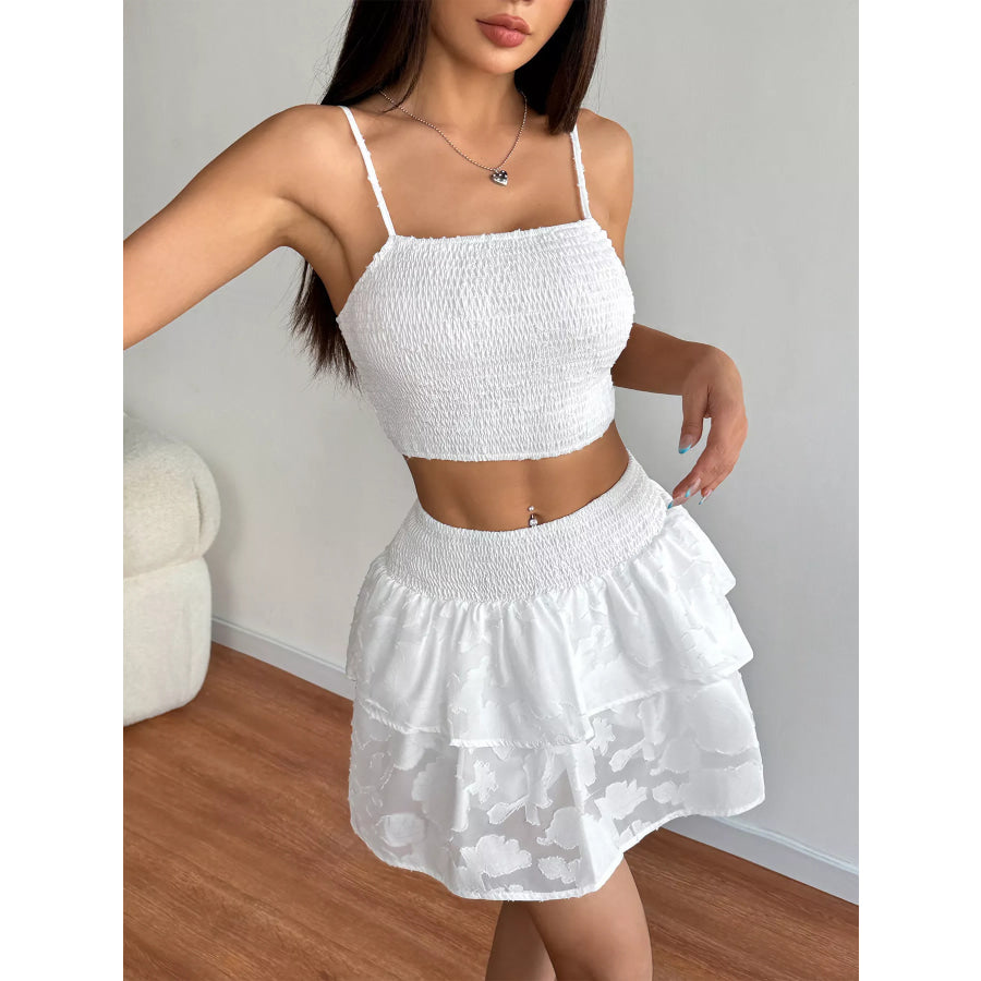 Smocked Crop Top & Ruffle Mini Skirt Set White / S Apparel and Accessories