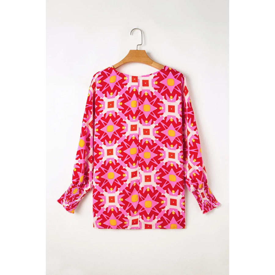 Smocked Cuff Printed Round Neck Long Sleeve Blouse Apparel and Accessories