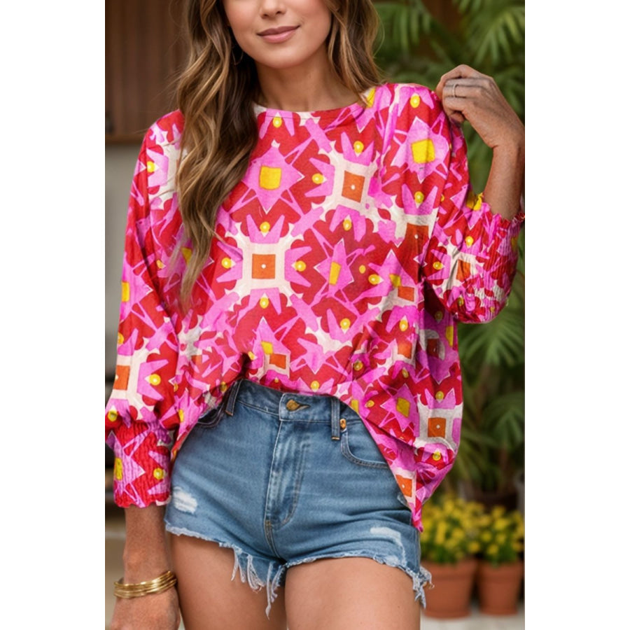 Smocked Cuff Printed Round Neck Long Sleeve Blouse Hot Pink / S Apparel and Accessories