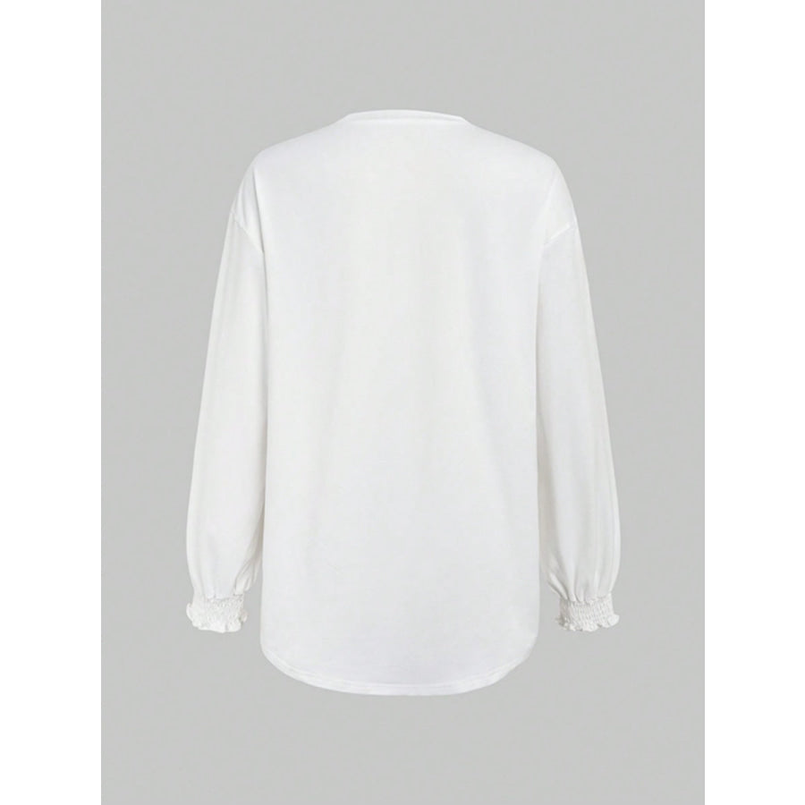 Smocked Cuff Round Neck Long Sleeve T-Shirt White / S Apparel and Accessories