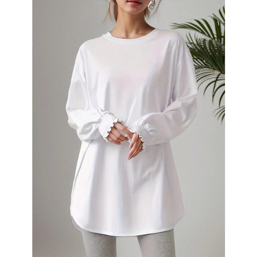 Smocked Cuff Round Neck Long Sleeve T-Shirt White / S Apparel and Accessories