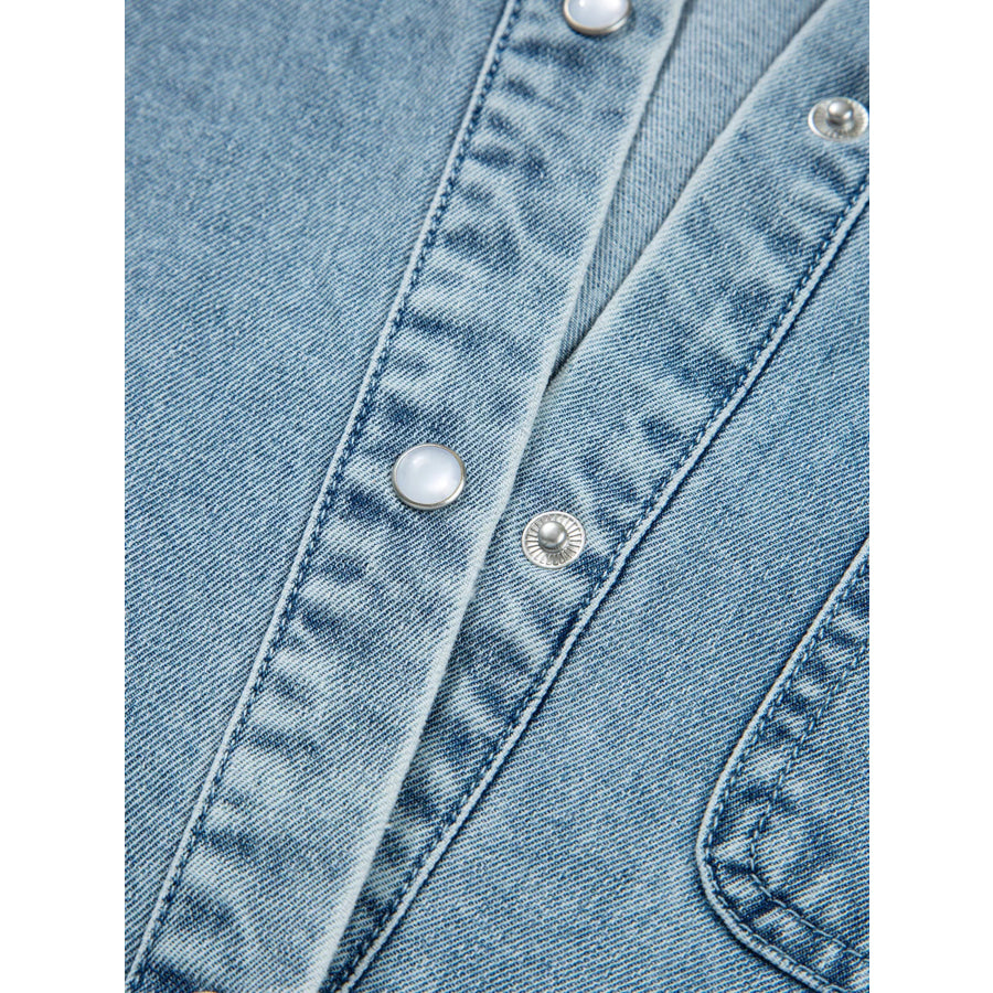 Smocked Cuffs Flared Denim Shirt Mini Dress Apparel and Accessories