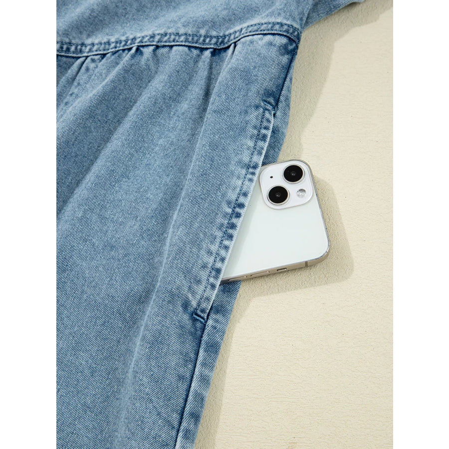 Smocked Cuffs Flared Denim Shirt Mini Dress Apparel and Accessories