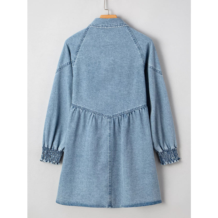 Smocked Cuffs Flared Denim Shirt Mini Dress Apparel and Accessories