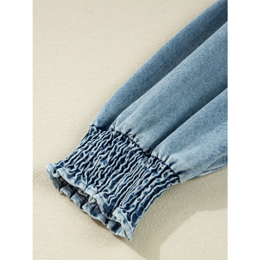 Smocked Cuffs Flared Denim Shirt Mini Dress Apparel and Accessories