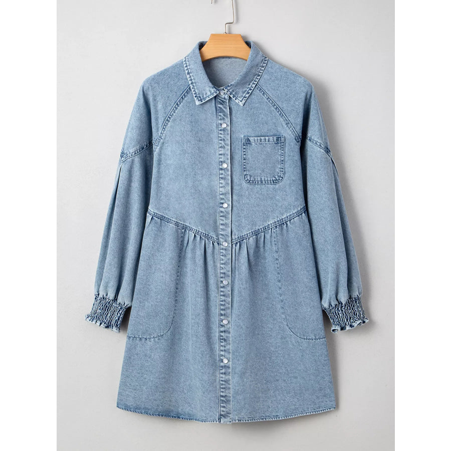 Smocked Cuffs Flared Denim Shirt Mini Dress Apparel and Accessories