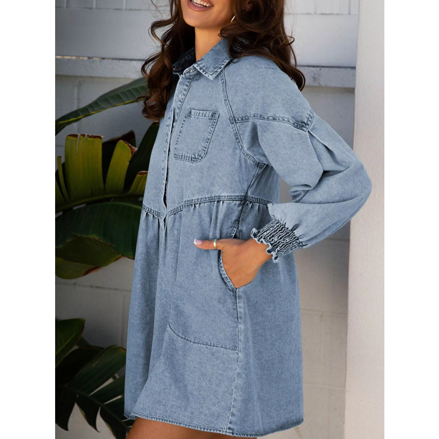 Smocked Cuffs Flared Denim Shirt Mini Dress Apparel and Accessories
