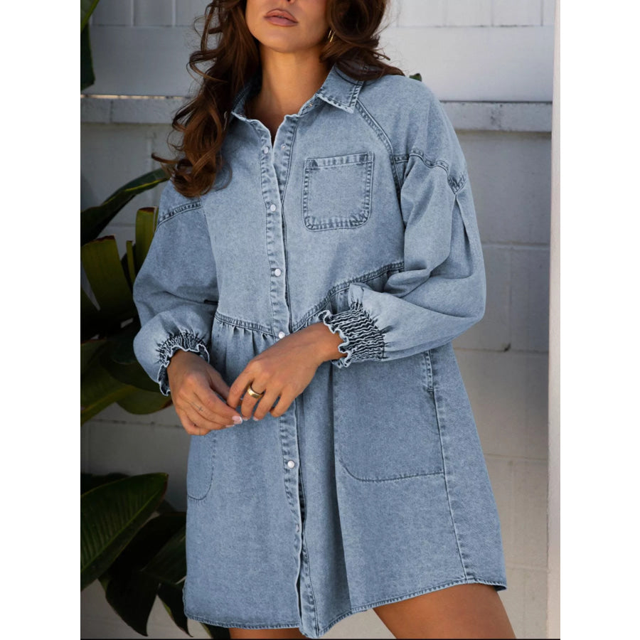 Smocked Cuffs Flared Denim Shirt Mini Dress Medium / S Apparel and Accessories
