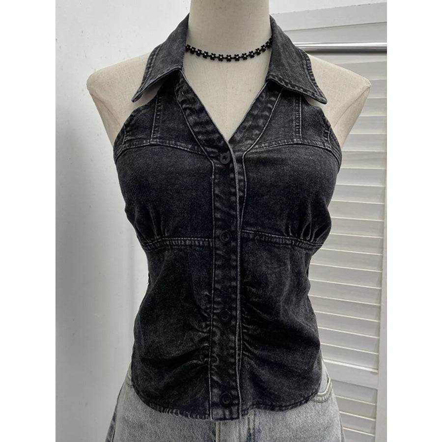 Smocked Denim Halter Collar Top Apparel and Accessories