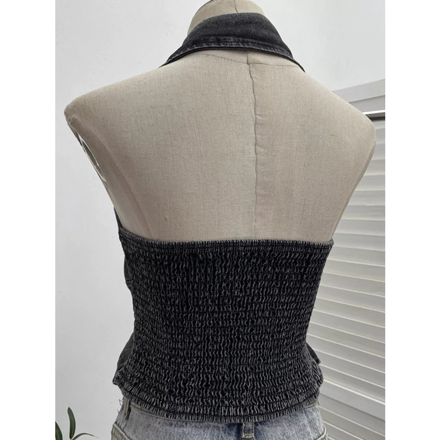 Smocked Denim Halter Collar Top Apparel and Accessories