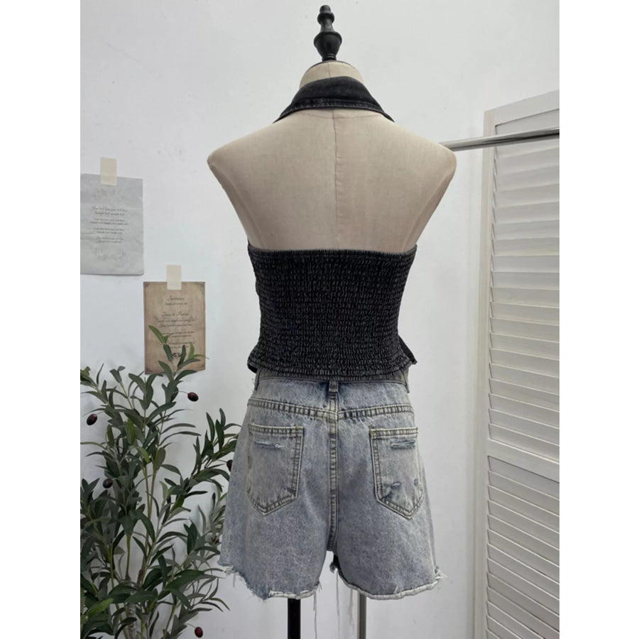 Smocked Denim Halter Collar Top Apparel and Accessories