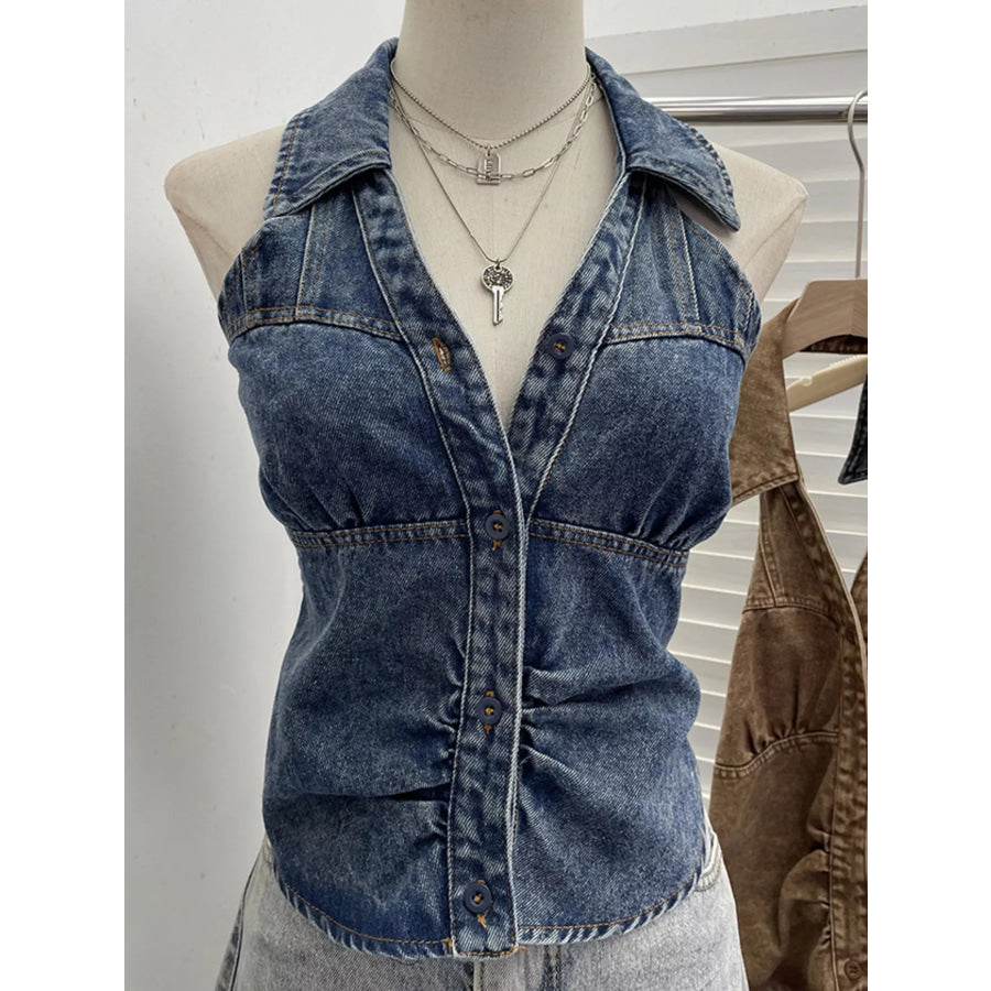 Smocked Denim Halter Collar Top Apparel and Accessories