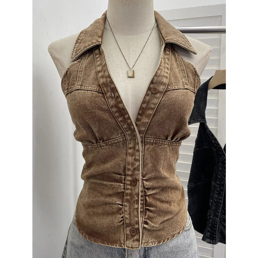 Smocked Denim Halter Collar Top Apparel and Accessories