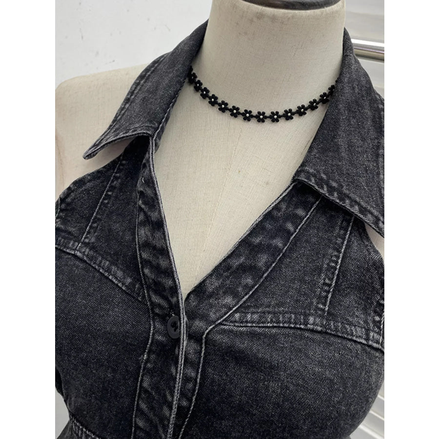Smocked Denim Halter Collar Top Apparel and Accessories