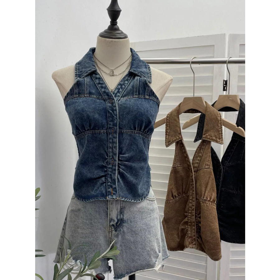 Smocked Denim Halter Collar Top Blue / One Size Apparel and Accessories