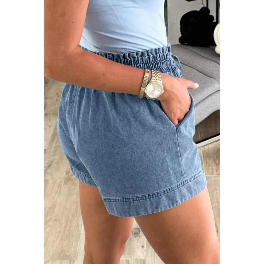 Smocked Elastic Waist Denim Shorts Apparel and Accessories