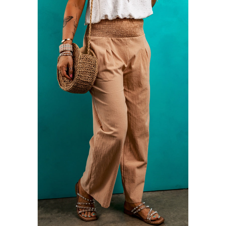 Smocked Elastic Waist Pants with Pockets Apparel and Accessories