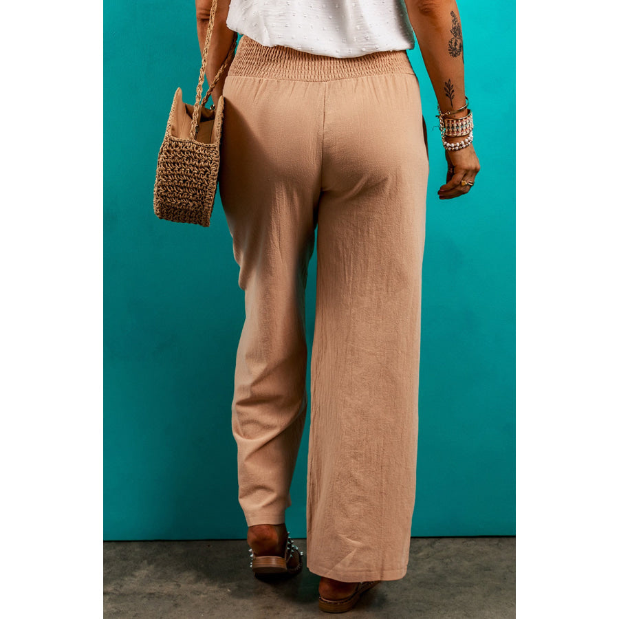 Smocked Elastic Waist Pants with Pockets Apparel and Accessories