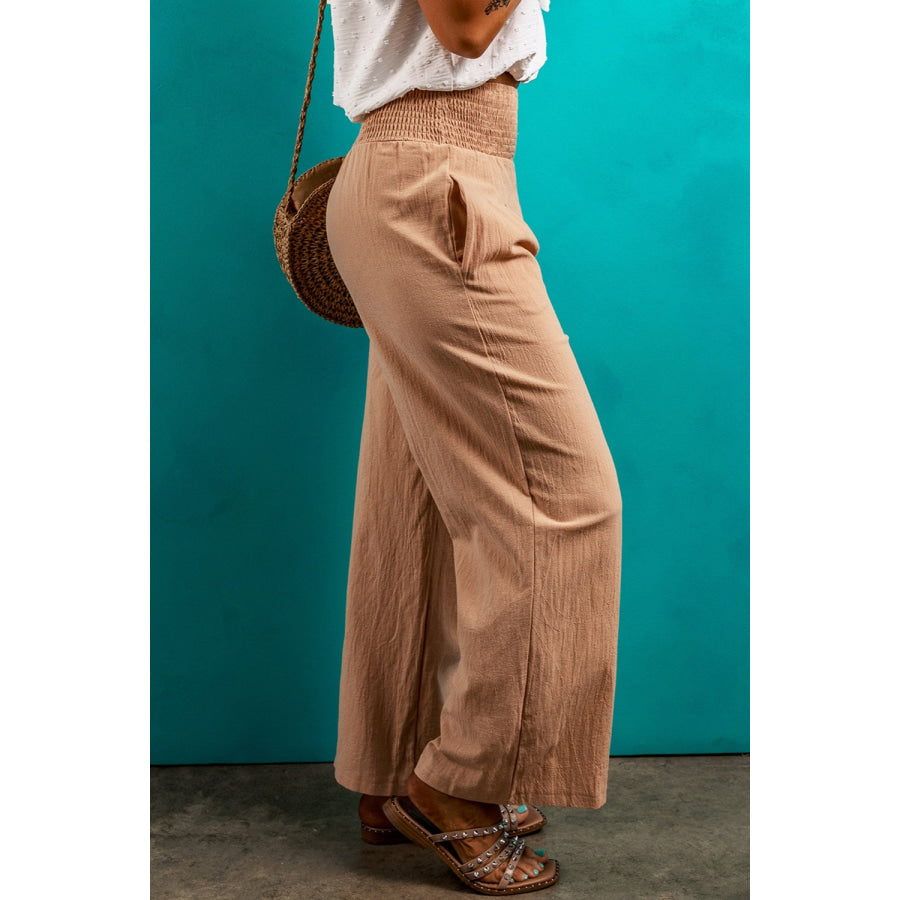 Smocked Elastic Waist Pants with Pockets Apparel and Accessories