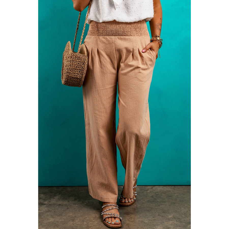 Smocked Elastic Waist Pants with Pockets Tan / S Apparel and Accessories