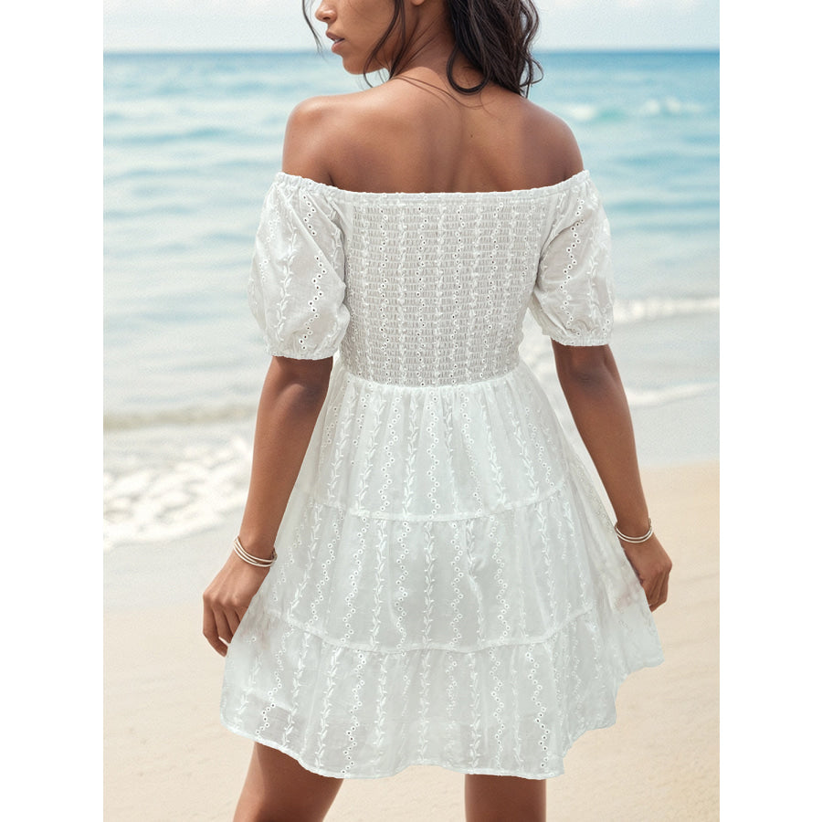 Smocked Eyelet Off - Shoulder Mini Dress Apparel and Accessories