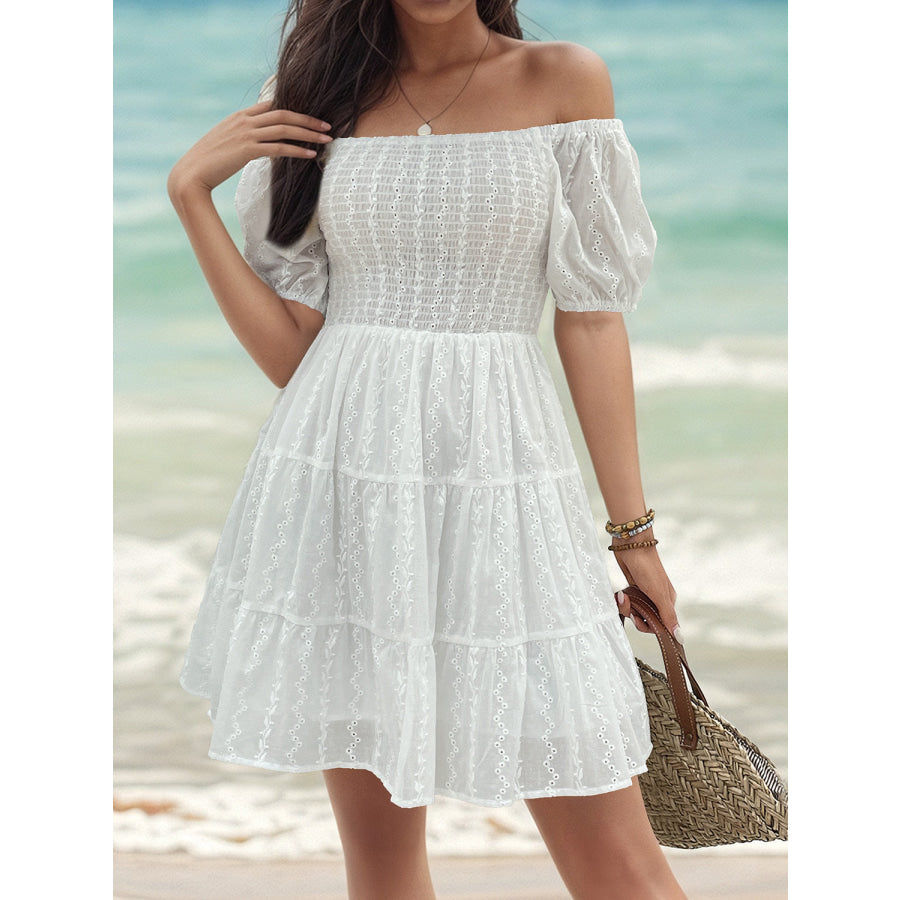 Smocked Eyelet Off - Shoulder Mini Dress Apparel and Accessories