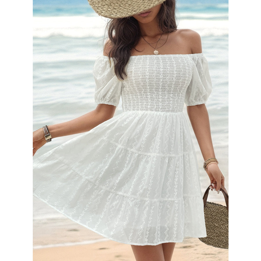 Smocked Eyelet Off - Shoulder Mini Dress White / S Apparel and Accessories