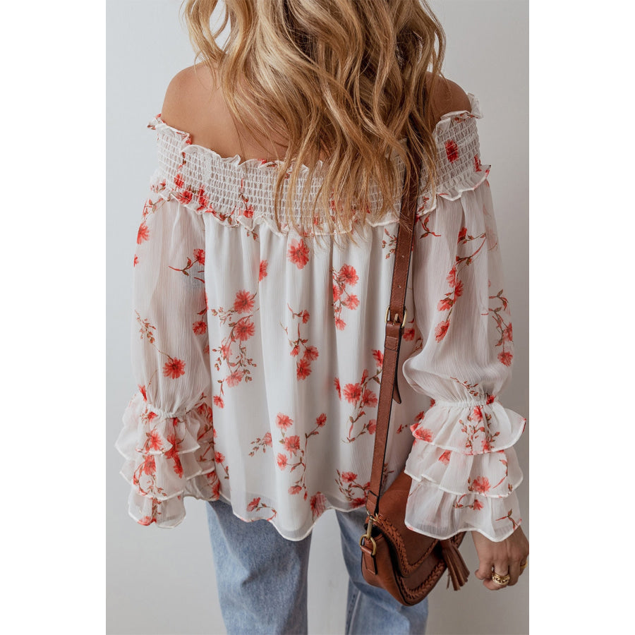 Smocked Floral Off-Shoulder Flounce Sleeve Blouse Apparel and Accessories