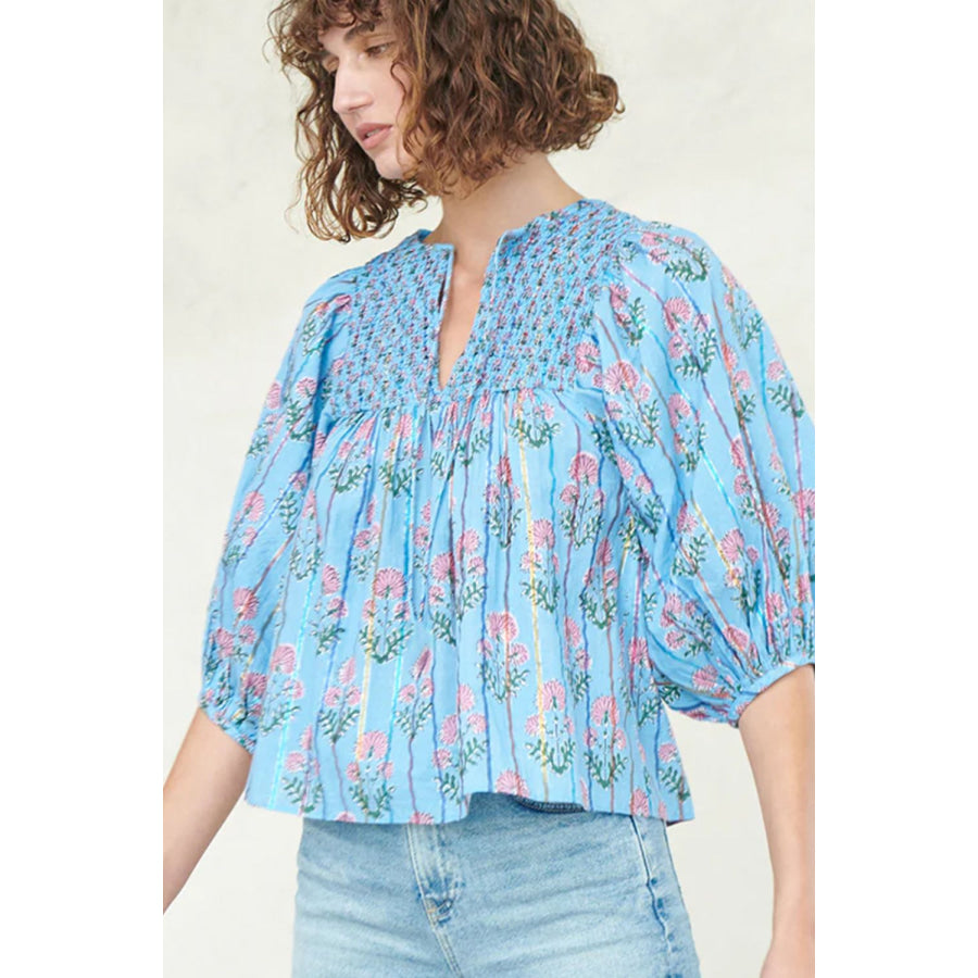 Smocked Floral Print Tie Neck Blouse Apparel and Accessories