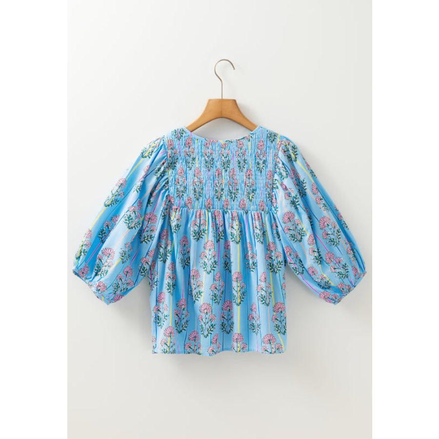 Smocked Floral Print Tie Neck Blouse Apparel and Accessories