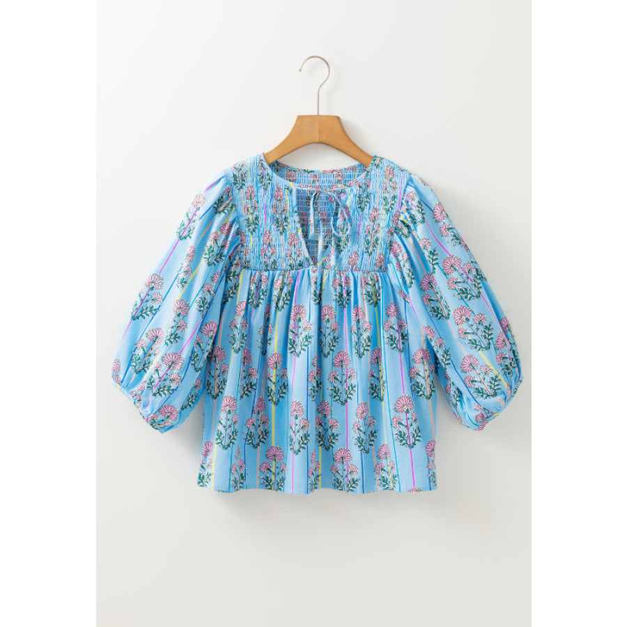 Smocked Floral Print Tie Neck Blouse Apparel and Accessories