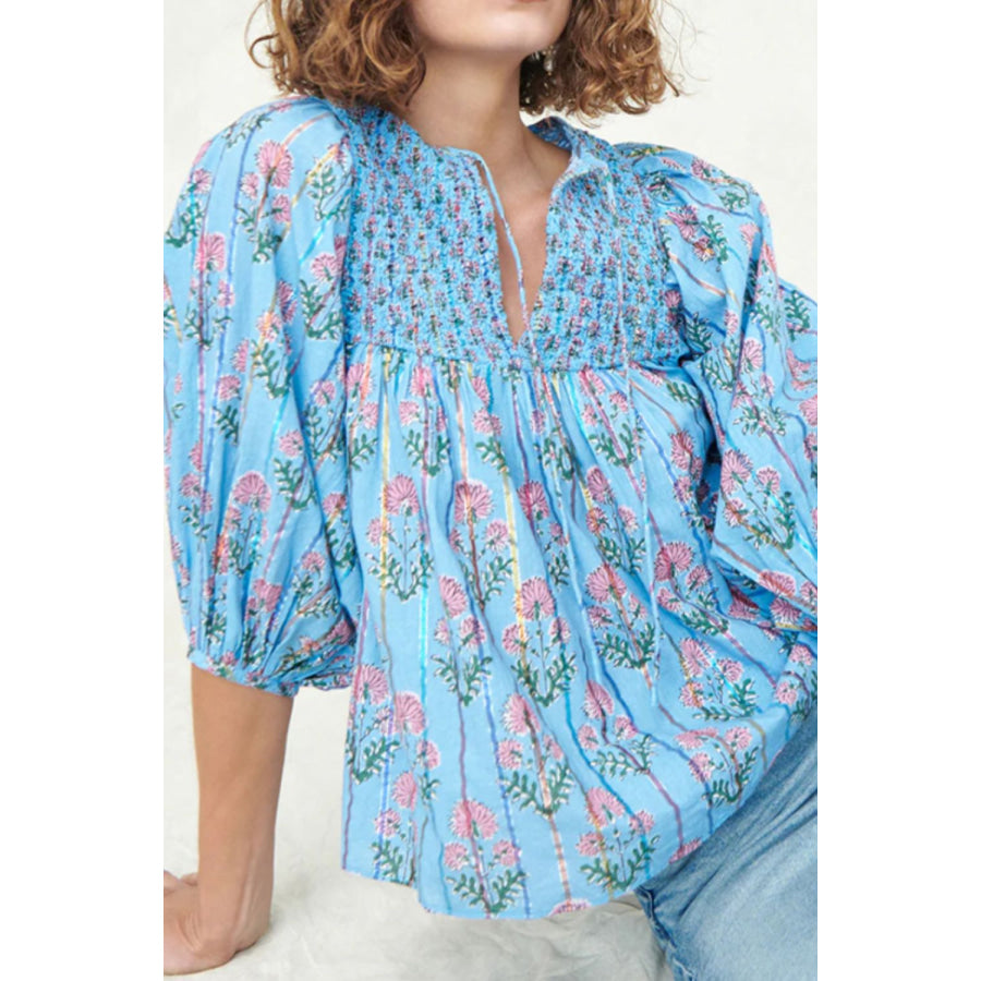 Smocked Floral Print Tie Neck Blouse Sky Blue / S Apparel and Accessories