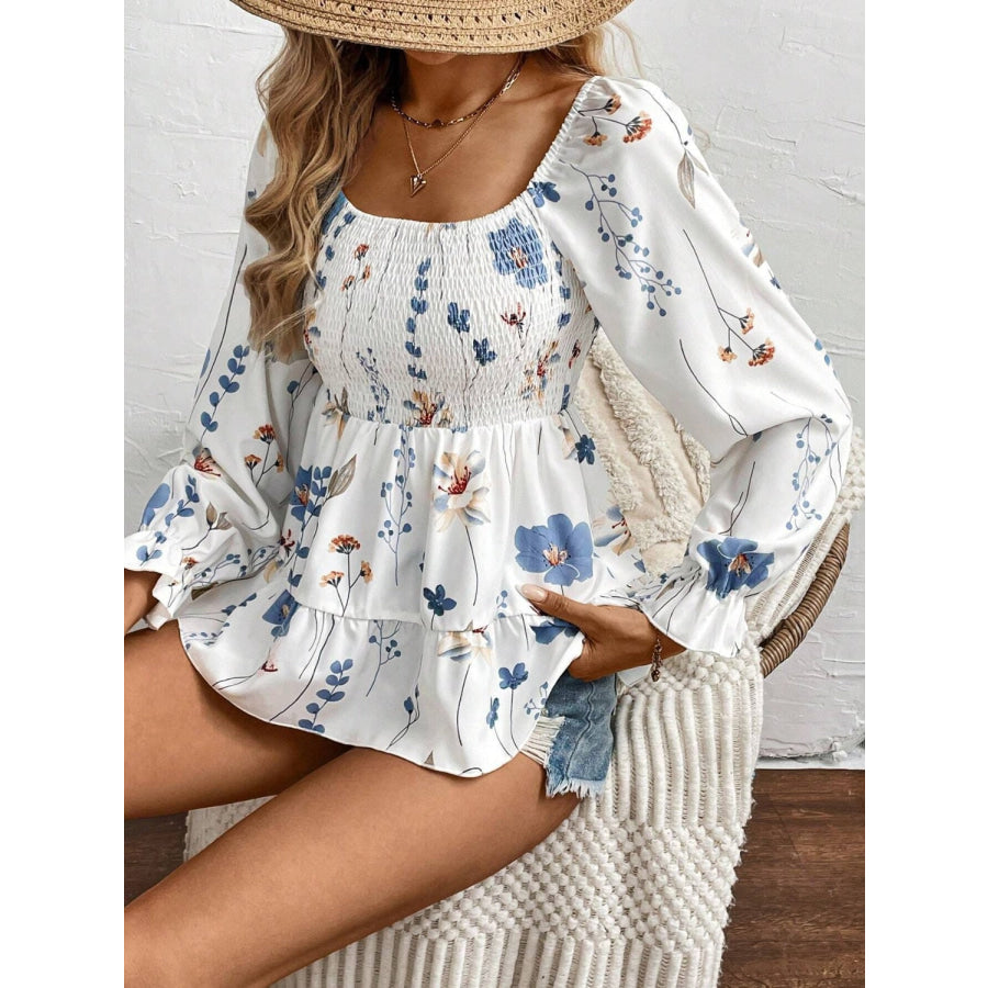 Smocked Floral Scoop Neck Flounce Sleeve Blouse Apparel and Accessories