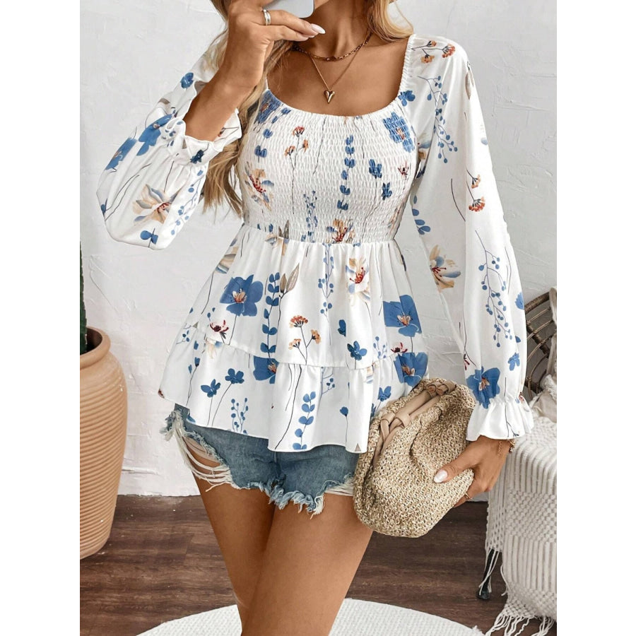 Smocked Floral Scoop Neck Flounce Sleeve Blouse Apparel and Accessories