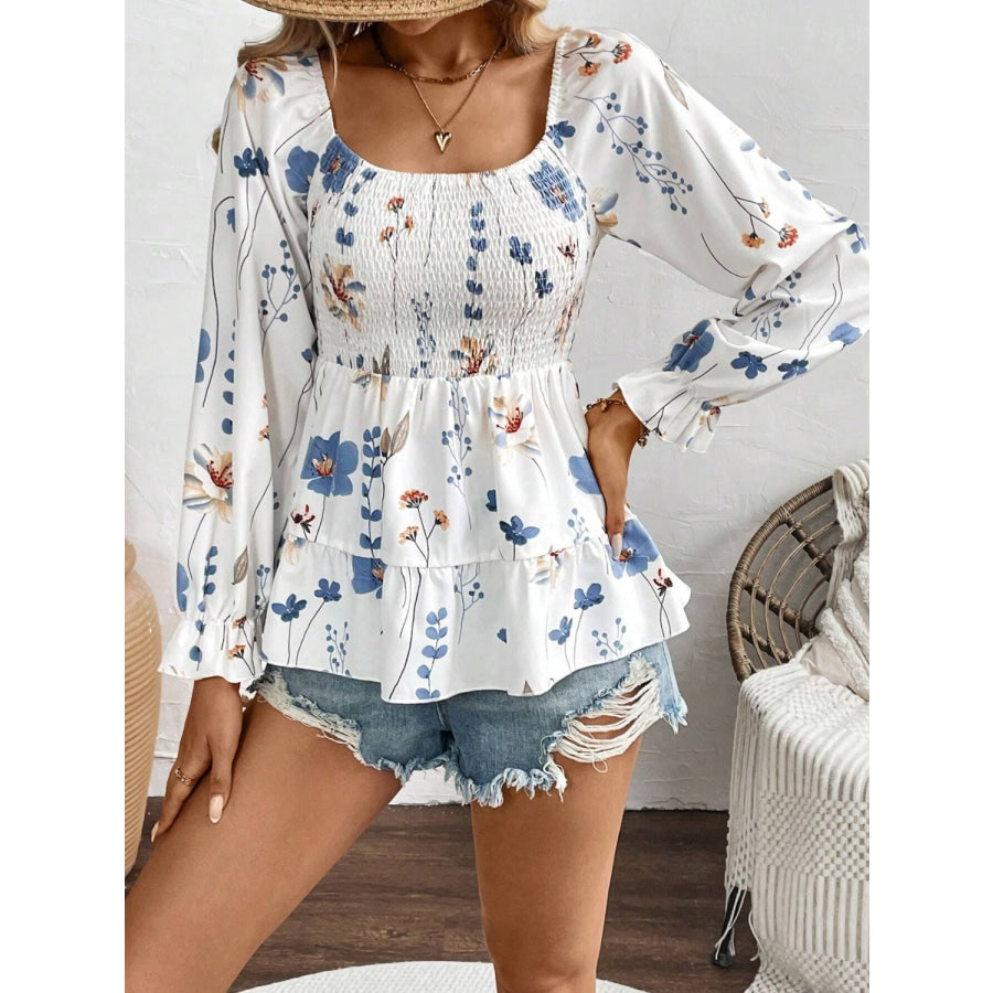 Smocked Floral Scoop Neck Flounce Sleeve Blouse Apparel and Accessories