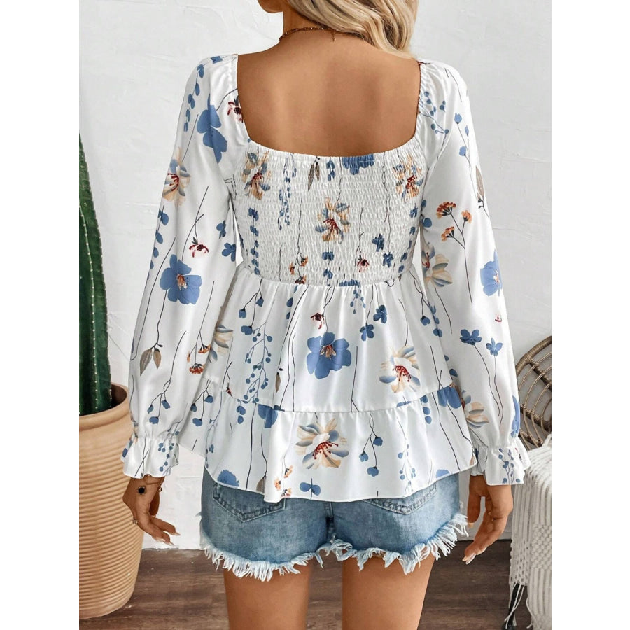 Smocked Floral Scoop Neck Flounce Sleeve Blouse Apparel and Accessories