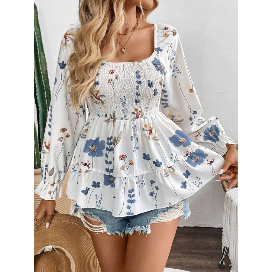 Smocked Floral Scoop Neck Flounce Sleeve Blouse White / S Apparel and Accessories