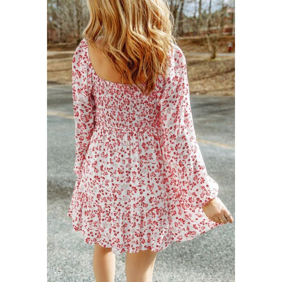 Smocked Floral Square Neck Balloon Sleeve Dress Apparel and Accessories