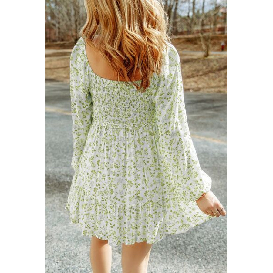 Smocked Floral Square Neck Balloon Sleeve Dress Mist Green / S Apparel and Accessories