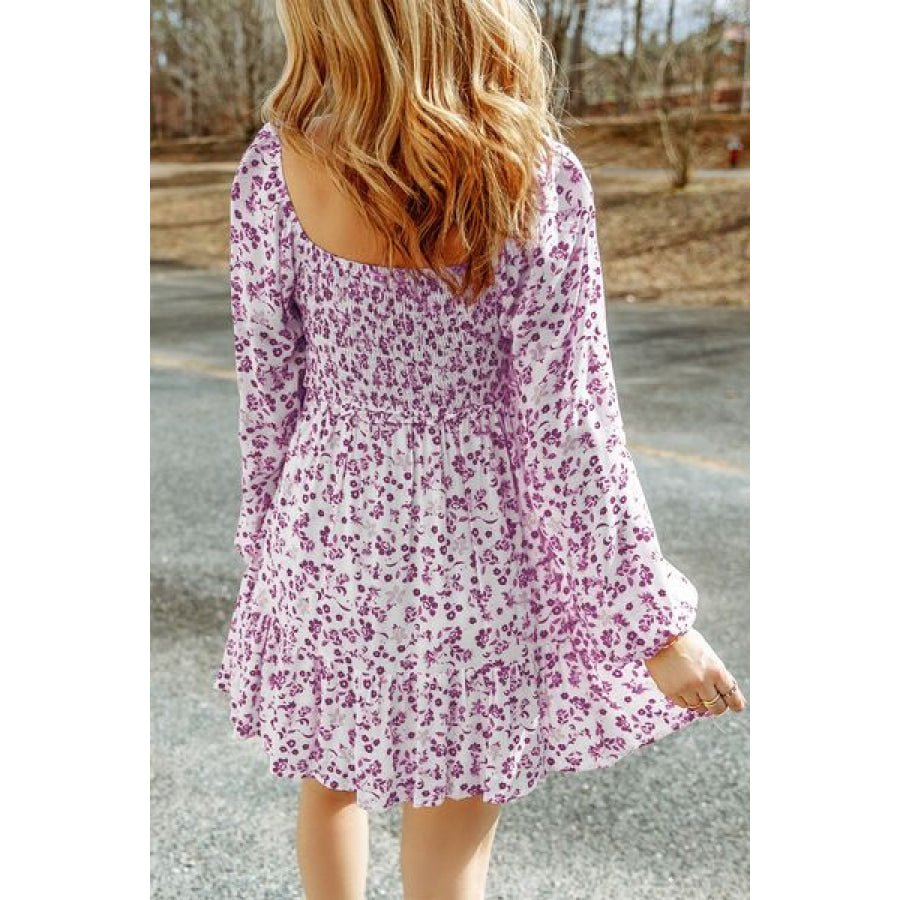 Smocked Floral Square Neck Balloon Sleeve Dress Apparel and Accessories