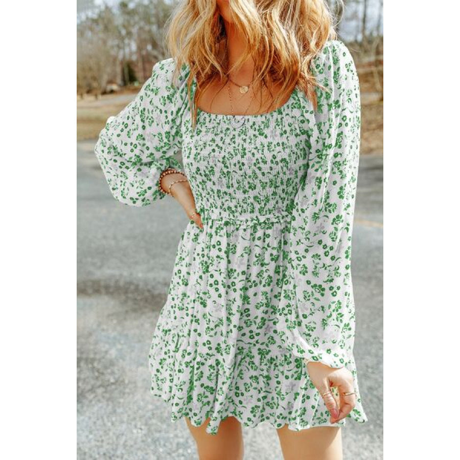 Smocked Floral Square Neck Balloon Sleeve Dress Green / S Apparel and Accessories